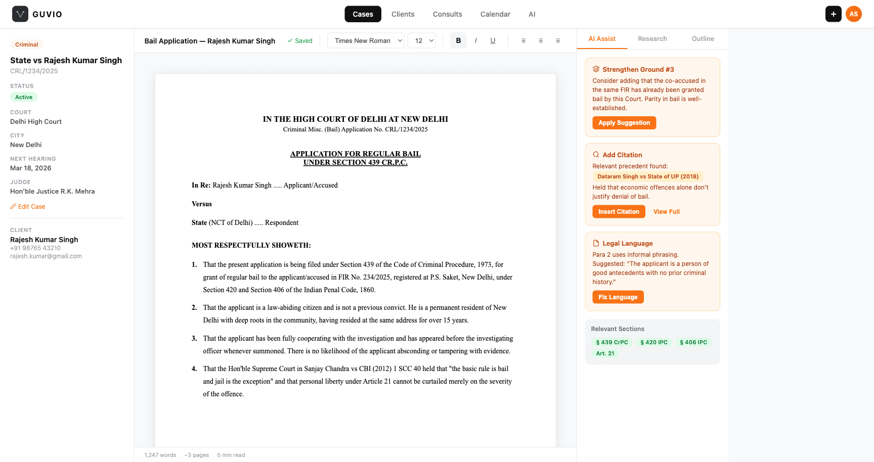 Guvio — AI-powered legal practice management workspace